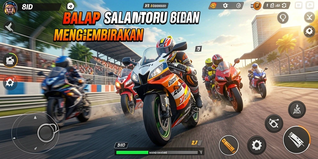 Screenshot utama 8ID menunjukkan aksi balapan motor yang intens.