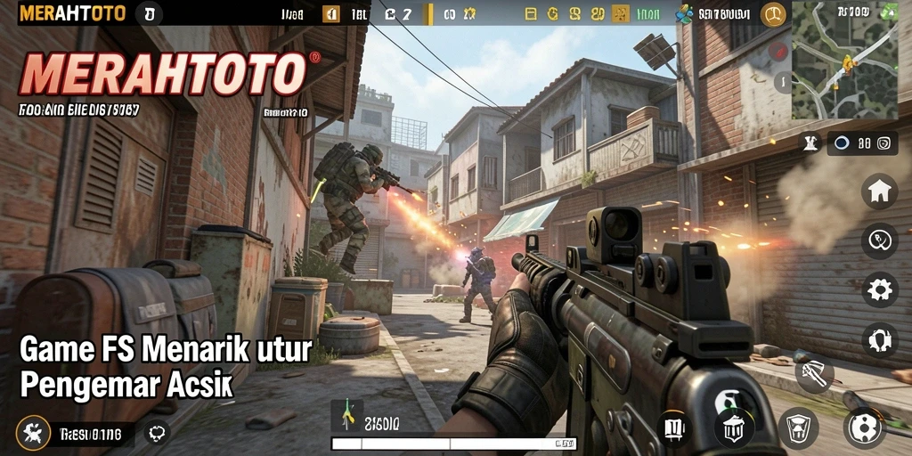 Tangkapan layar utama MERAHTOTO menampilkan aksi tembak-menembak FPS yang intens.