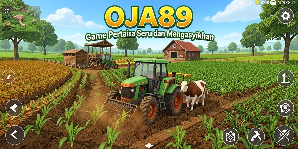 Tampilan layar permainan OJA89 yang menampilkan ladang yang luas dan hewan peliharaan.