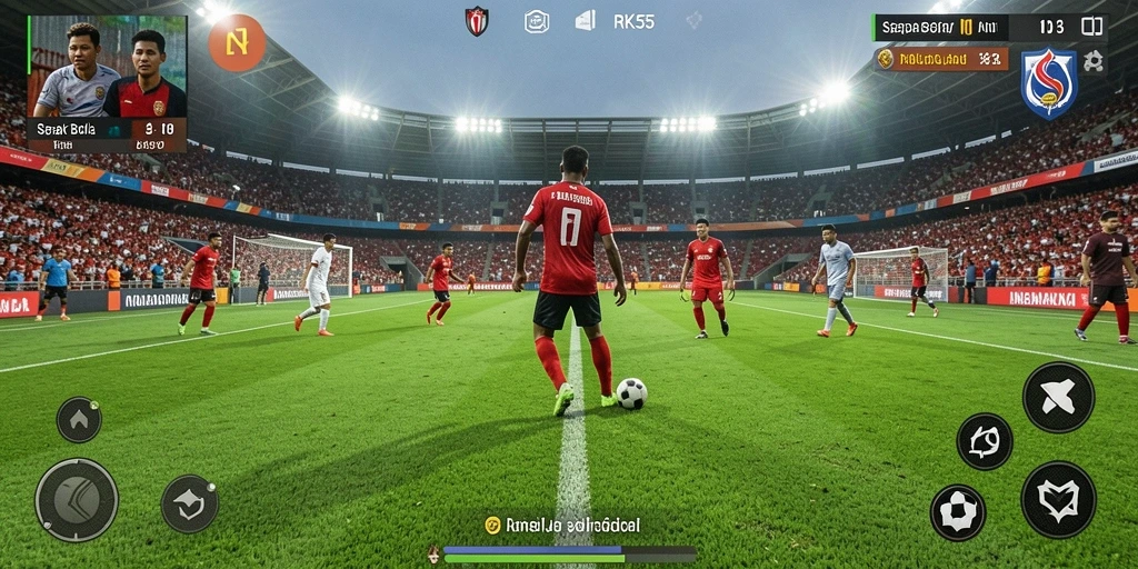 Gameplay RK55 yang menarik dengan aksi sepak bola yang mendebarkan.